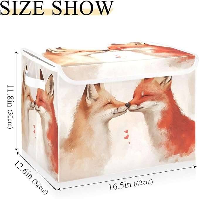 AIXIWAWA Lidded Storage Cube (Love Foxes) Fabric Foldable Closet Bins with Flip Lid and Handles Organizer Basket Container 16.5 x 12.6 x 11.8 IN