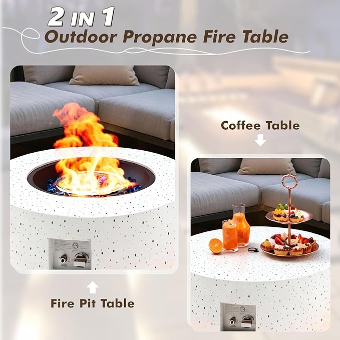 30 Round Propane Fire Pit Table - 50K BTU with Lid Rocks Tank Storage and Cover - Round Gas Fire Pits for Outside Patio - Outdoor Table with Firepit (White/Golden Light 30 Round)