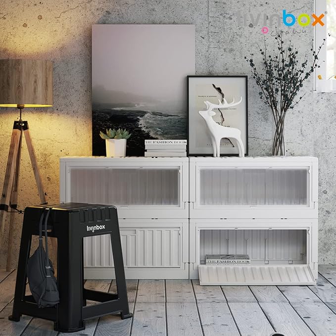 livinbox 45L collapsible storage bins with door comic books container dust-proof stack-able folding box for Home Office Bedroom Dorm Toys Bedding white &amp transparent FB-6432S-WTTR
