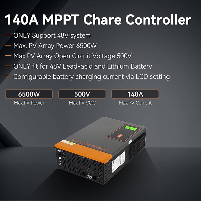 48V 140A MPPT Solar Charge Controller 140Amp Solar Regulator Max.PV Input 500V Max. Charging Current Can be Set Work with 48V Lead-Acid and Lithium Batteries