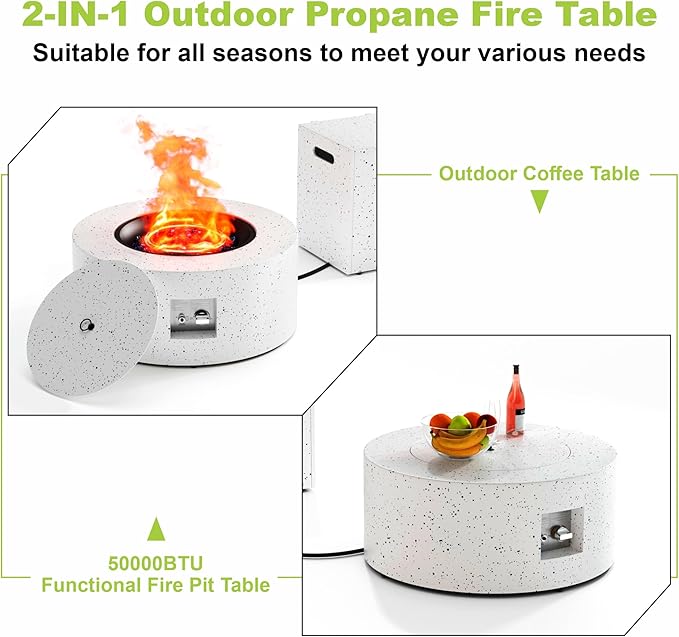 2-Piece 30 Round Propane Fire Pit for Outside Patio with Hidden Tank Table 50000 BTU Fireplaces with Lid Glass Rocks Cover(Speckled White)