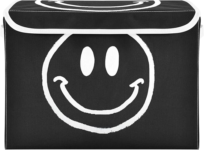 Happy Face Black White Large Storage Bins with Lid Foldable Storage Cubes Fabric Closet Organizer Containers Box Baskets with Flip-Top Lid for Home Office 16.5” x 12.6” x 11.8”