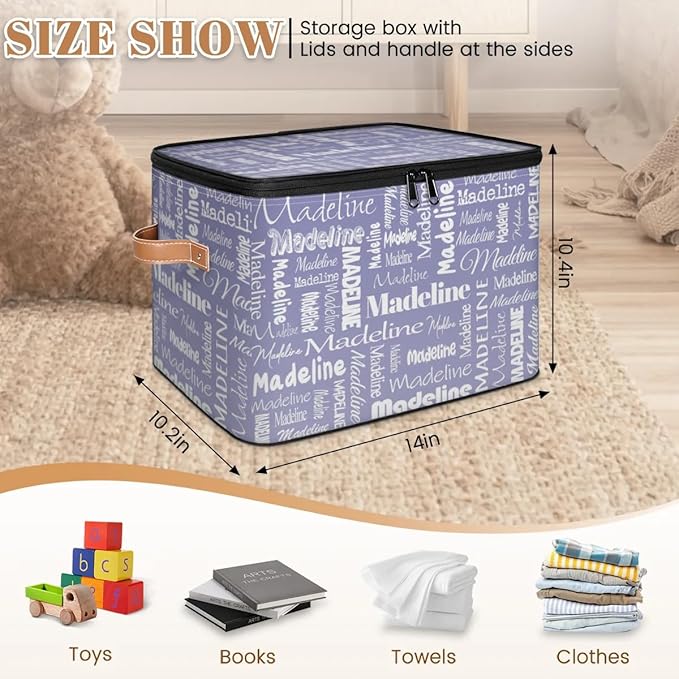 Custom Storage Basket with Name Personalized Keepsake Box with Zipper Lid Foldable Fabric Memory Bin Large capacity with Handle Haze Purple