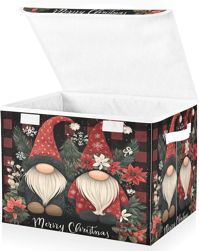 Merry Christmas Checkered Gnomes Collapsible Storage Bins with Lids Decorative Fabric Cubes Closet Organizer Basket Boxes Containers for Clothes Box Chest Folding Rectangle