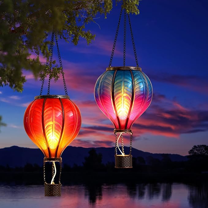 TERESA'S COLLECTIONS 2 Pcs Hot Air Balloon Solar Lantern Outdoor Garden Decor Waterproof Hanging Solar Lantern with Flickering Flame Light for Yard TreeGift for Mom Lovers18