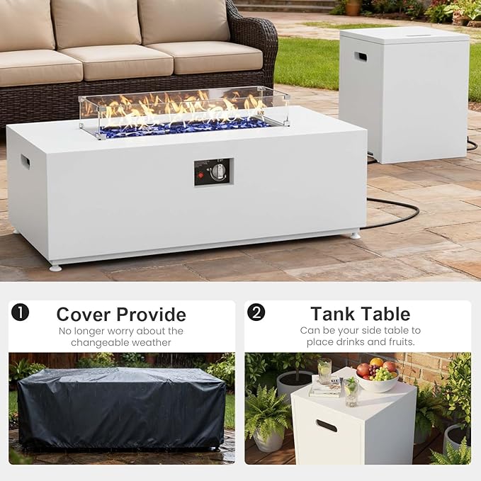 42 Propane Fire Pit Table Set with Tank Holder Rectangle 2-Piece Outdoor Firepit Wind Guard Lid Glass Stones and Cover