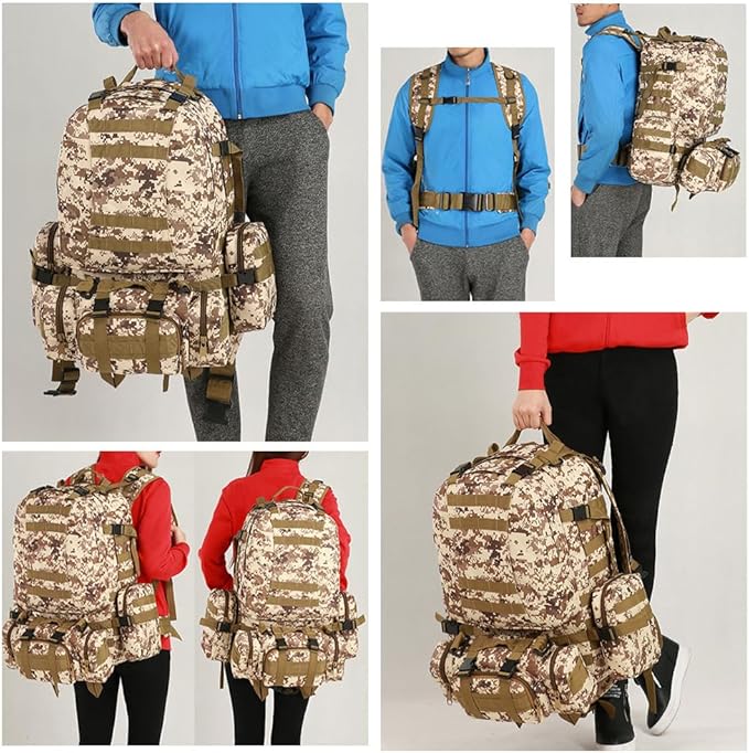 Tactical Backpack Military Army Rucksack 60L Large Assault Pack Detachable Molle Bag (Mud)