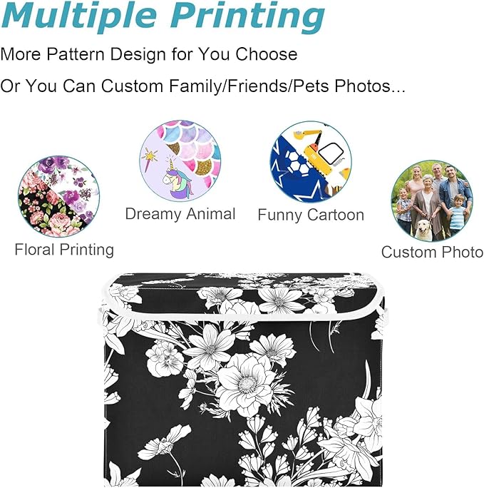 CaTaKu Large Fabric Storage Bins With LidsBlack and White Flower Storage Boxes With Handles for Organizing Clothes Collapsible Storage Cube Bins Baskets for Shelves