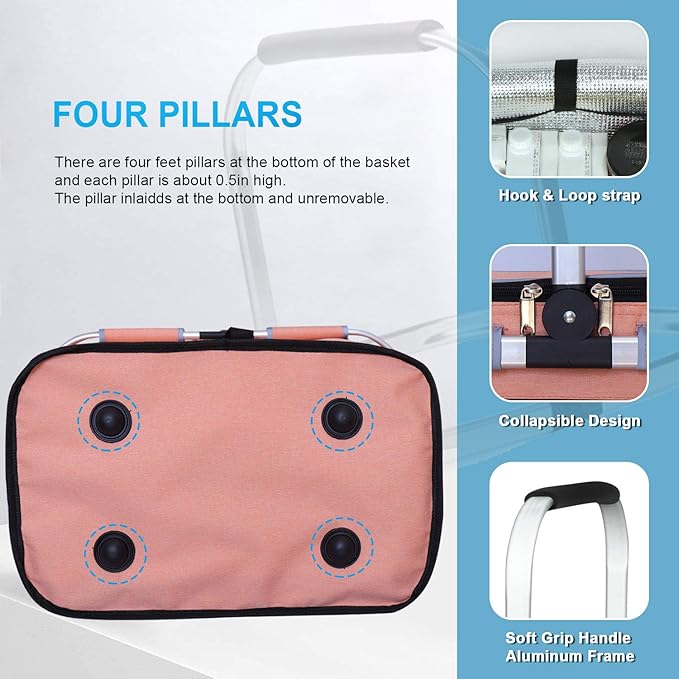 LIQING 35L Large Picnic Basket 2 Layers of Internal Pockets Leak-Proof and Insulated Folding with Internal Support for enhansed Stability Wedding Gifts for Couple(Salmon Color)
