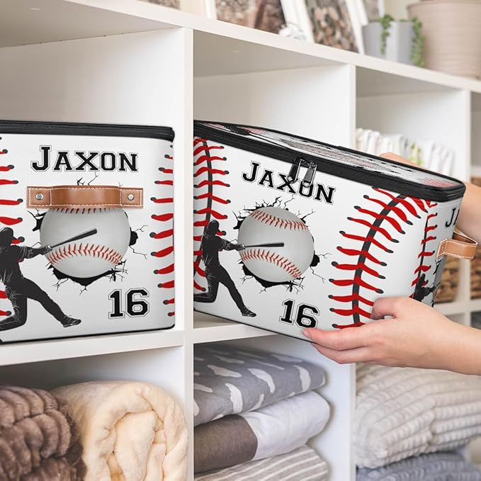 Custom Baseball Ball Storage Bins with Lid Foldable Personalized Storage Basket Boxes with Handle Baseball Shelf Basket Closet Organizer Cube