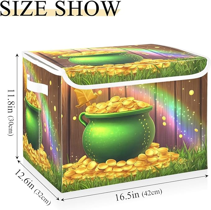 Christmas Storage Baskets with Lids St. Patrick's Day Coin Clover Collapsible Bins Stackable Fabric Linen Baskets Closet Organizer Container 16.5x12.6x11.8