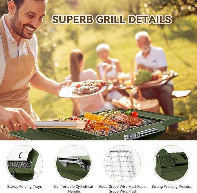 Portable Charcoal Grill Foldable Grills BBQ Grill Charcoal Small Grill for Travel Camping Outdoor Cooking Backyard Hiking Patio Garden Picnics Green