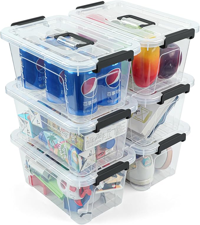 NUMIFUN 12 Pack Clear Plastic Storage Bins with Buckle Handle Lids 6 Clear and 6 White Lids 7 Quart for Home Office Pantry Organization.