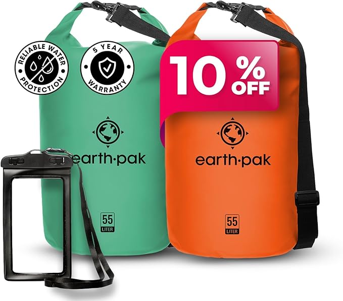 Earth Pak Waterproof Dry Bag - Roll Top Waterproof Backpack Sack (Seafoam Green 55L &amp Orange 55L)