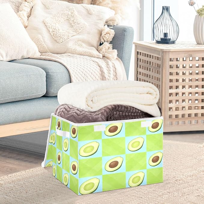 Storage Bins With Lid Stackable Fabric Closet Organizer Clothing Storage Large Boxes For Closet Shelves Bedroom Emerald Green Blue Checkered Avocado