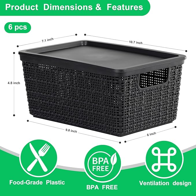 6 Pack Plastic Storage Baskets With LidsBlack Breathable Stackable Storage BinsSmall Storage Containersfor Organizing Storage Baskets on DesktopsClosetsPlayroomsClassroomsOffices