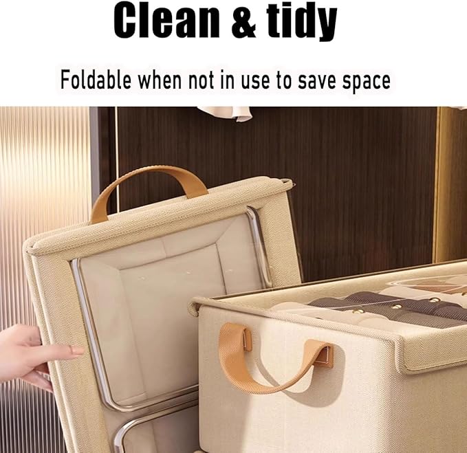 4PCS Foldable Storage Box with Lid - Extra Large Fabric Closet Organizer for Clothes 18.5x11x7.9 Inch Canvas Bin Collapsible Design for Bedroom Shelf Closet Underbed (Beige)