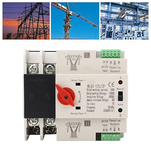 AC110V 100A Power Automatic Transfer Switch 50/60Hz 35mm Rail Mounting 2P 100A Mini ATS Solar Auto Dual Power SwitchGenerator Transfer with Self Throwing and Self Returning for Rv Power