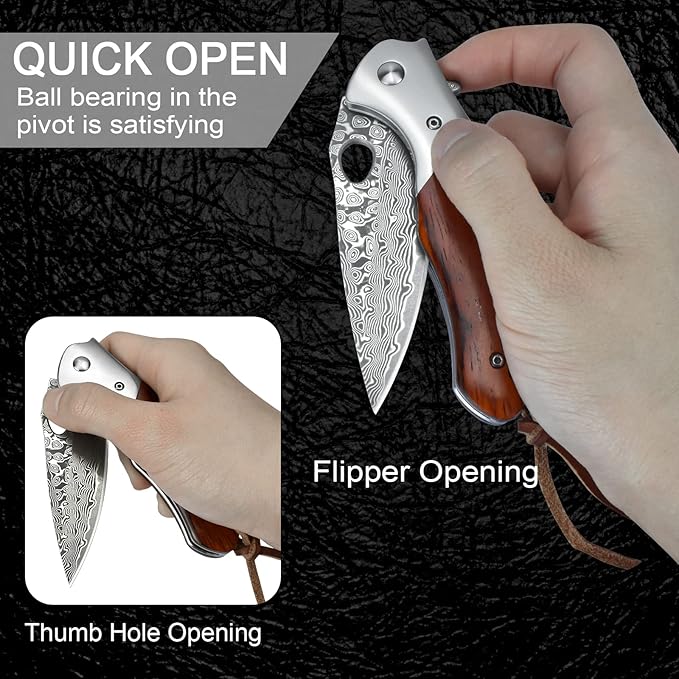 KOMWERO Damascus Pocket Knife for Men VG10 Core Damascus Steel Folding Knife with Wood Handle Ball Bearing Thumb Hole Liner Lock Sheath for EDC Outdoor Survival Hunting