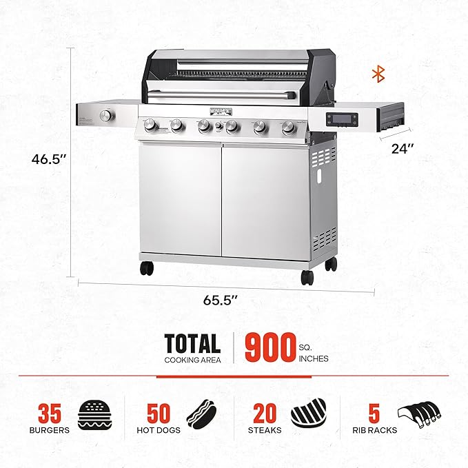Monument Grills 6+1 Convertible Natural Gas Smart bbq Grill 6 Burners &amp 1 Side Burner Stainless Steel Denali 605 with Smart Technology Knob Controls (Without Conversion Kit)