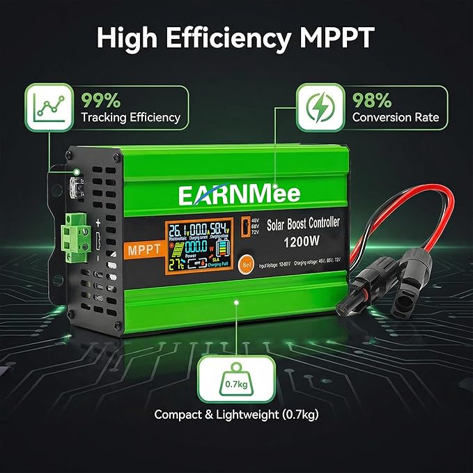 30A Boost MPPT Solar Charge Controller 1200W 48V/60V/72V Adjustable 99% Tracking Efficiency &amp 98% Conversion Efficiency Compatible with Lead-Acid/Lithium BatteriesHD LCDOutput Max 15A