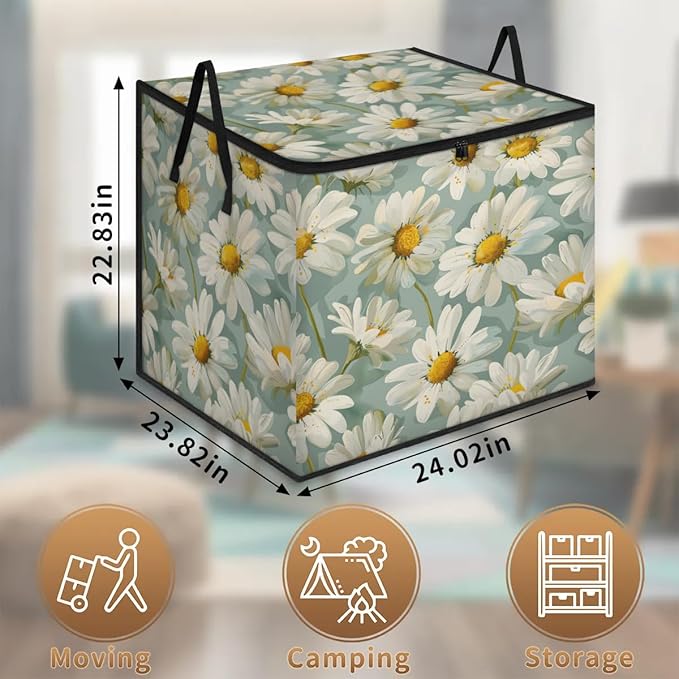 XL Large Clothes Storage with Lid Handle Cute Floral Large Thick Clothes Blanket Storage Containers for Organizing Bedroom Closet Comforter Organization Storage White Daisy Flower