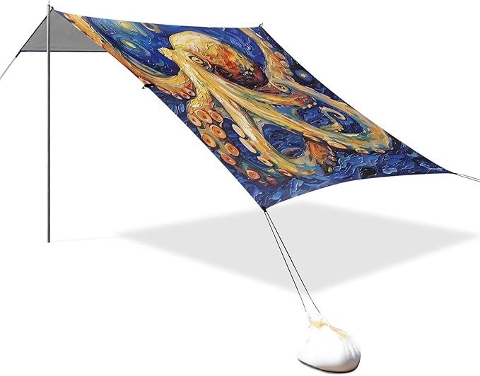 ALAZA Octopus Starry Sky Beach Tent Sun Shelter UPF50+ Protection Beach Shade Canopy w/ 4 Sandbags for Outdoor Camping Fishing Backyard Fun Picnic 10x9 ft