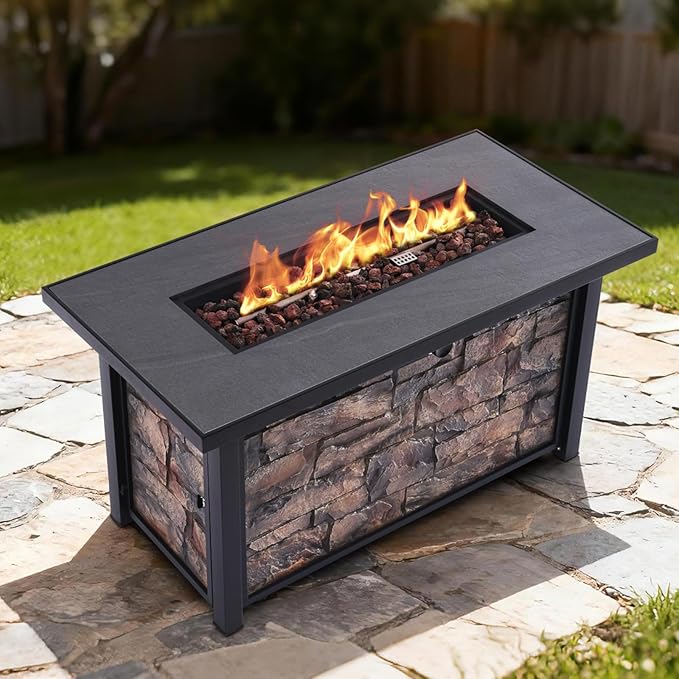 48 Fire Pit Table with Ceramic Top &amp Stone-Looking Panel Propane Gas Fire Pit 50000 BTU Outdoor Fire Table for Patio Backyard Deck Balcony - Includes Metal Lid Lava Rocks &amp Rain Cover