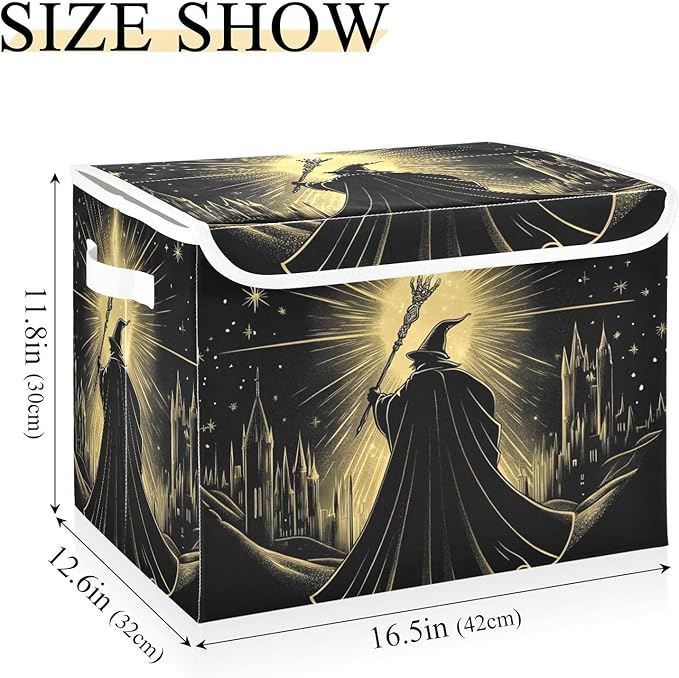 Large Storage Bins Witch Gold Black with Linen Foldable Storage Cubes Fabric Closet Organizer Containers box with Flip-Top Lid for Home Office 16.5 x 12.6 x 11.8 IN