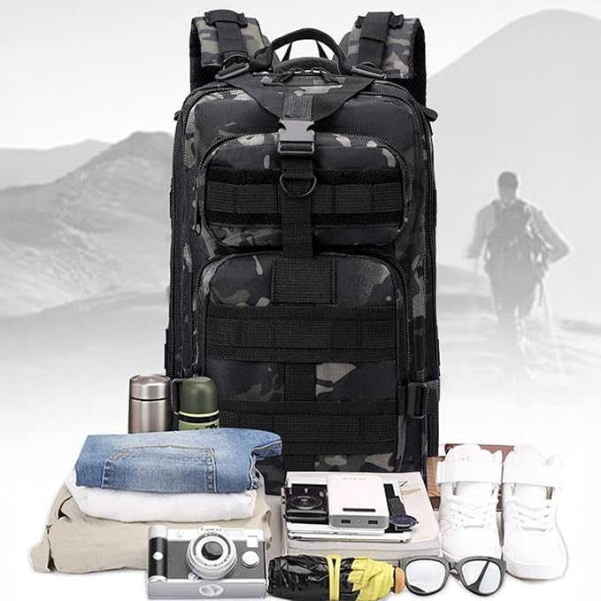 30L Comfortable Durable Military Tactical Backpack w/USA Flag Patch MOLLE Hiking Camping Travel Bag（black camouflage）