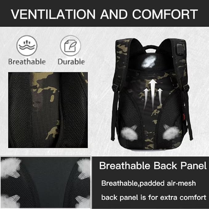 outdoor plus Camo BackpackMilitary Boys Backpacks for School40L Army Bookbag with USB Charging Port Waterproof