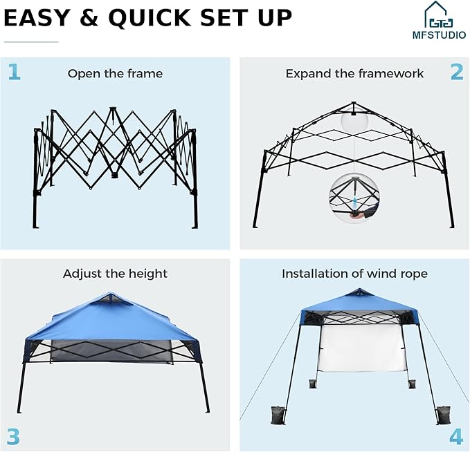 MFSTUDIO 8x8 Pop up Canopy Tent Gazebo Shelter Sun Shade Canopies Patio Portable Popup Tents Easy Setup Waterproof with 6x6ft Top1 Sidewall for BeachPartiesPicnics
