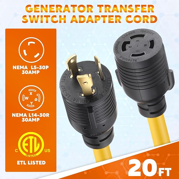 Kanayu 20ft NEMA L5-30P to L14-30R Generator Transfer Switch Adapter Cord 30 Amp Locking 3 Prong to 4 Prong Adapter RV Generator to House Inlet Box STW 10 AWG ETL Listed