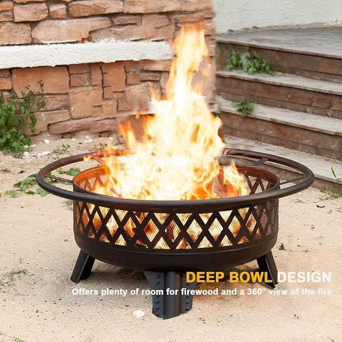 Panovue 38 Inch Wood Burning Fire Pit for Outside Round Firepit with Grill &amp Metal Lid Metal Outdoor Fire Pit Table for Patio Backyard Garden Bonfire Party