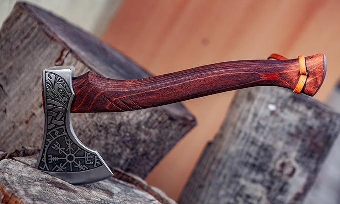 Fenrir &amp Vegvisir Camping Hatchet – Hand-Forged Tomahawk Axe with Premium Leather Sheath | Ideal for Camping Throwing &amp Outdoor Use
