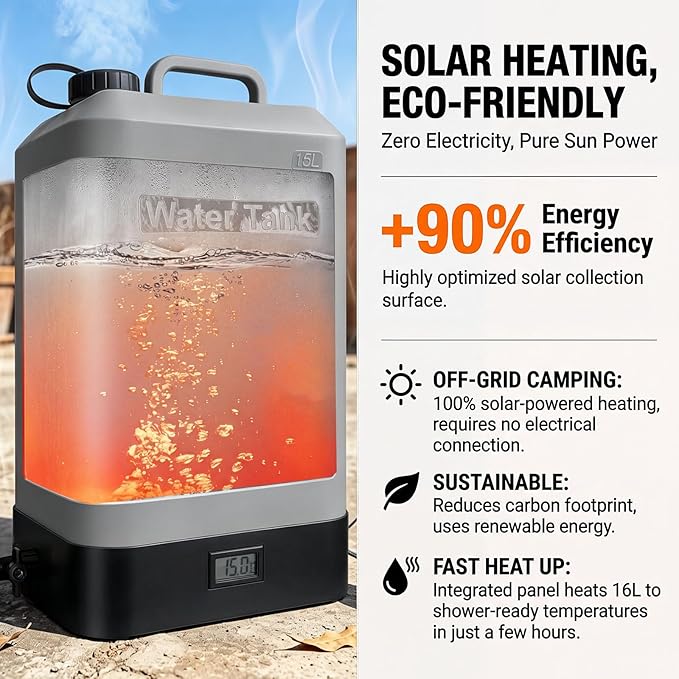 4.5 gallon/16L Silicone Water TankPortable Outdoor ShowerElectric Shower8 Types of Multifunctional Shower HeadsUsing Solar Heating Temperature DisplaySuitable for CampingBeachand Hiking