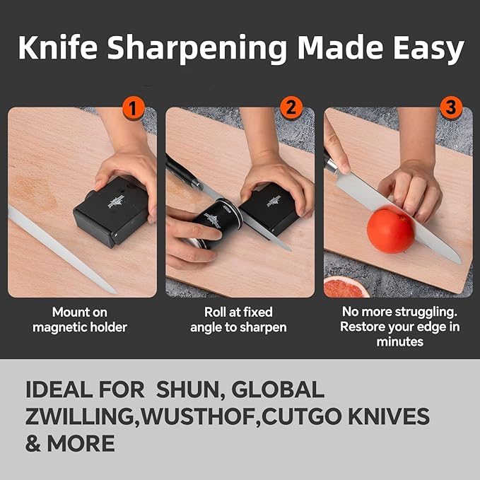 The Innovative Knife Sharpener - Patented Multi-Angle Premium Rolling Knife Sharpener with Extra Replacement Head for Chef's Fruit and All Steel Knives (Black)