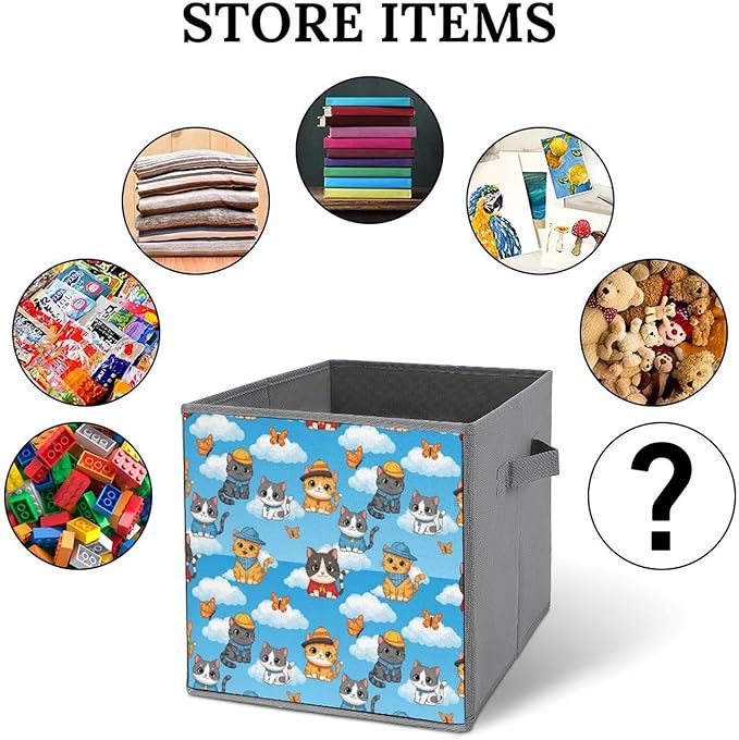 Foldable Storage Cube with Handles Cute Cats Sturdy Collapsible Organizer Bin for Heavy Items like Books &amp Tools Reinforced Sides for Durability