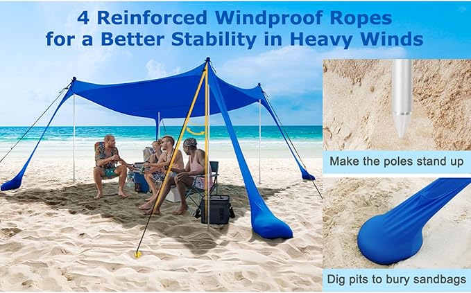 Tall Beach Sun Shelter UPF50+ Stability Pop Up Tent for Camping Spacious &amp Versatile for Family Gatherings Blue Polyester with Iron Poles (Blue)