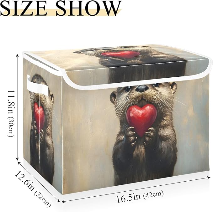 AIXIWAWA Lidded Storage Cube (Heart Otter) Fabric Foldable Closet Bins with Flip Lid and Handles Organizer Basket Container 16.5 x 12.6 x 11.8 IN