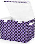 Purple Black Checkerboard Storage Baskets Lidded Bin Foldable Storage Boxes Cubes Lids with 2 Handles for Organizing Closet Home Office