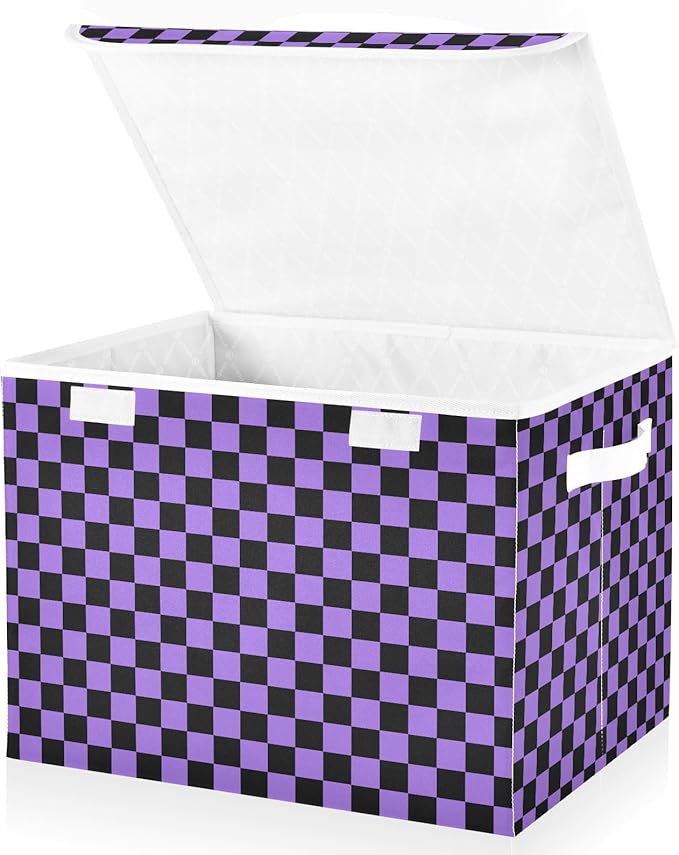 Purple Black Checkerboard Storage Baskets Lidded Bin Foldable Storage Boxes Cubes Lids with 2 Handles for Organizing Closet Home Office