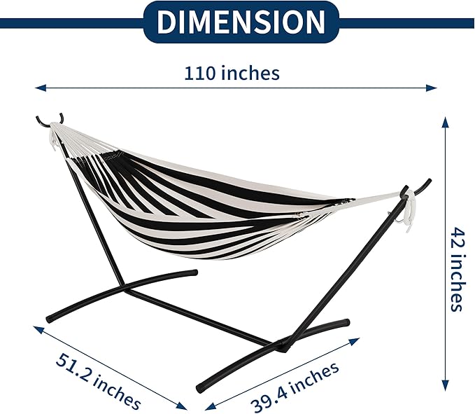 Double Cotton Hammock with Steel Stand for Outside Brazilian Style 450lbs Capacity Portable Indoor Outdoor Lounger with Carry Bag 2-Person Capacity Ideal for Backyard Garden Camping Black