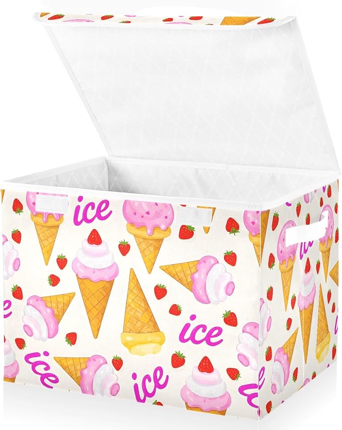 ALAZA Ice Cream Cone Strawberry Storage Bins Organizer Box Baskets Lidded Clothes for Shelves Closet Collapsible Stackable Storage Cubes Handles