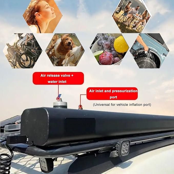 Pressurized Water Tank W/ 9.8ft Water Pipe 2-4bar Road Camping Shower Mount Roof Rack Waters Storage for Trucks Off Road Vehicles RV SUV