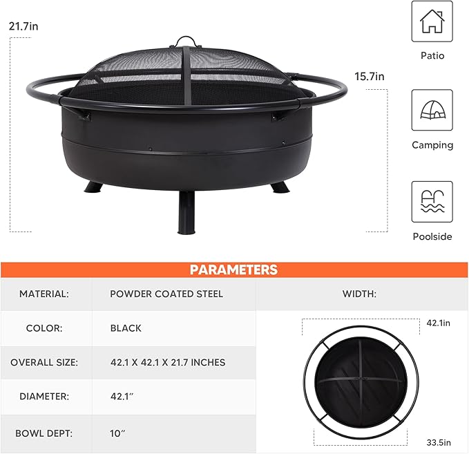 SUNCREAT 42 Outdoor Portable Fire Pit with Spark Screen Fire Poker Wood Burning Patio Fire Pits with Protective Ring Black