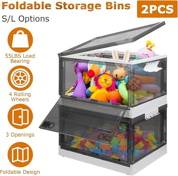 2-Pack Foldable Storage Bins with Double Doors and Wheels Stackable Box