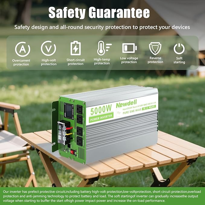 Newdeli 5000 Watt Power Inverter 24V DC to 110V/120V AC Converter 10000W Peak Pure Sine Wave Inverter with LCD Display Wireless Controller 4 AC Outlets and 3.4A USB for Vehicles Car Truck RV Solar