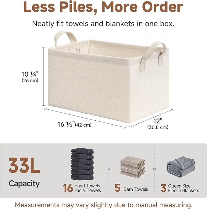 StorageWorks Storage Bins Shelves Baskets for Organizing Large Fabric Closet Organizers with Handles Metal Frame Beige-Cotton-linen 2-Pack