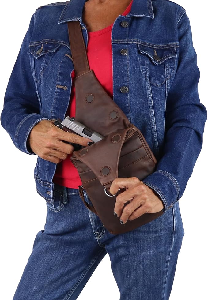 Lady Conceal - Dakota Unisex Leather Concealed Carry Sling Bag - Medium Frame Handgun - Concealment pockets with Magnetic Closure and Universal Holster Backpack (Dark Brown) - 7 L x 15 H x 2 D